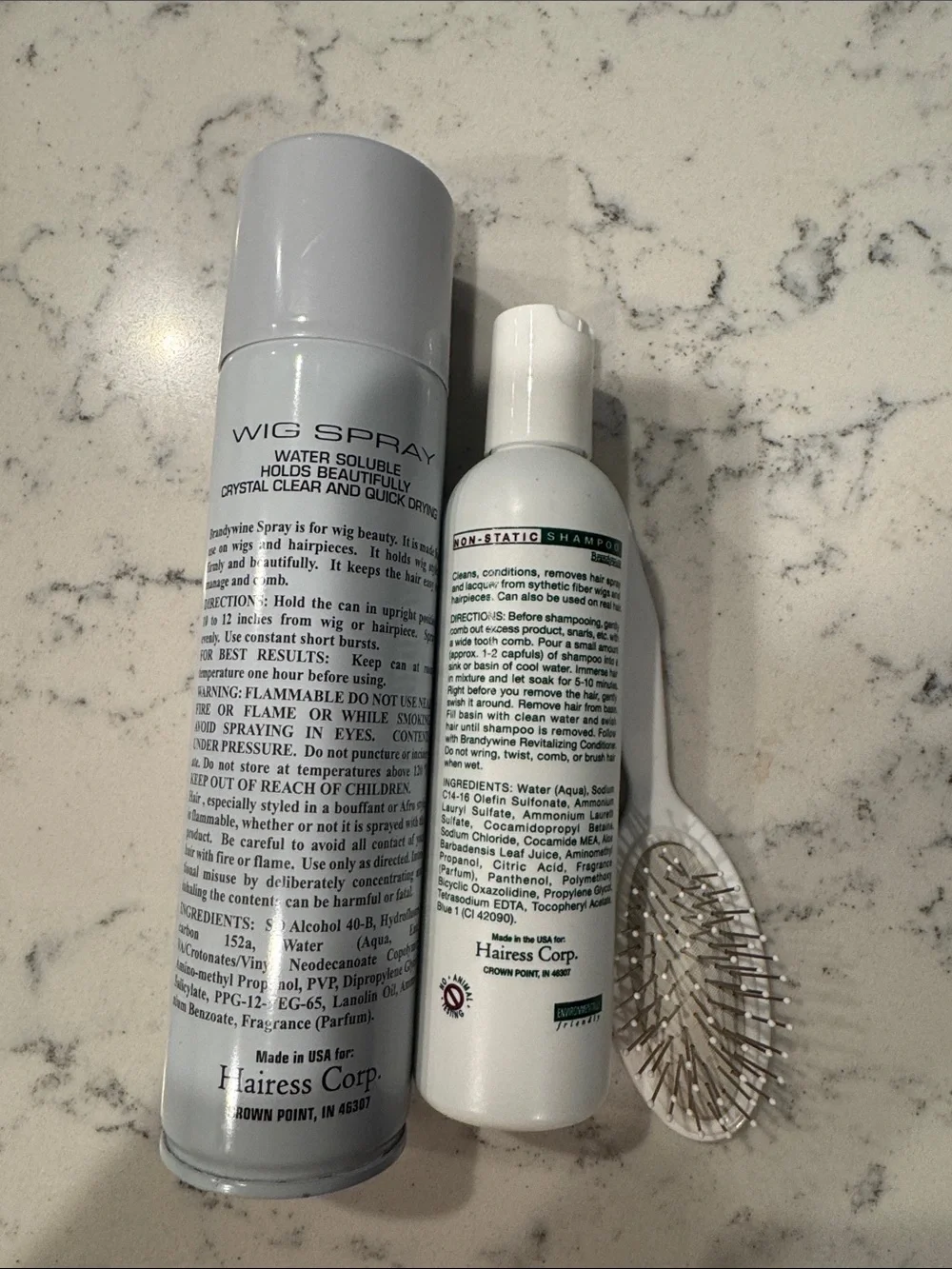 Brandywine White Wig Spray, Non-Static Shampoo and wig brush. NEW
